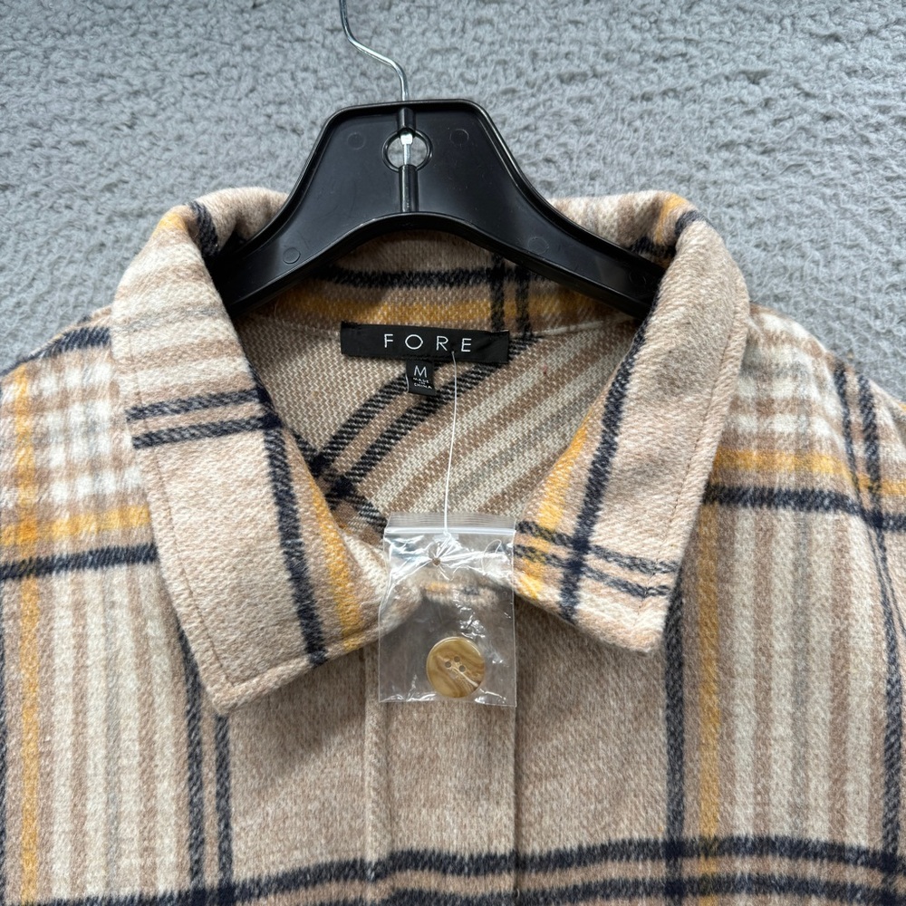 Fore Shacket Beige Plaid Fringe Button up Long Sleeve Pockets Western Women’s M - Picture 6 of 14